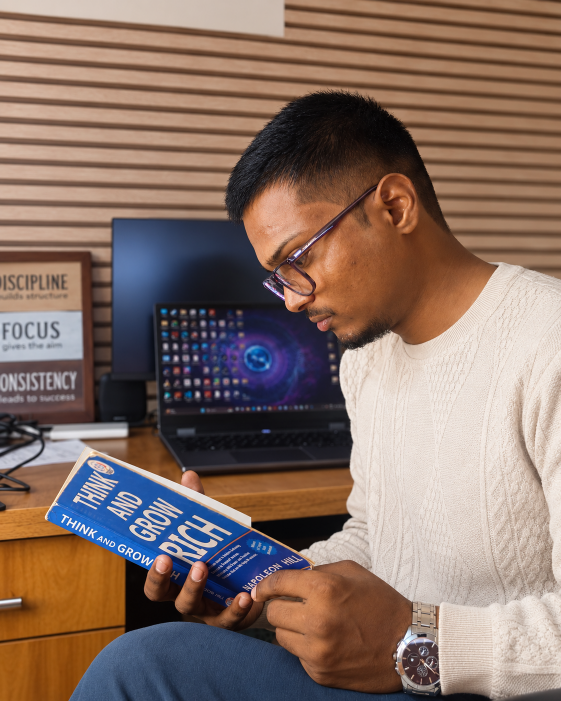 Jayendrasinh reading Think and Grow Rich at his desk